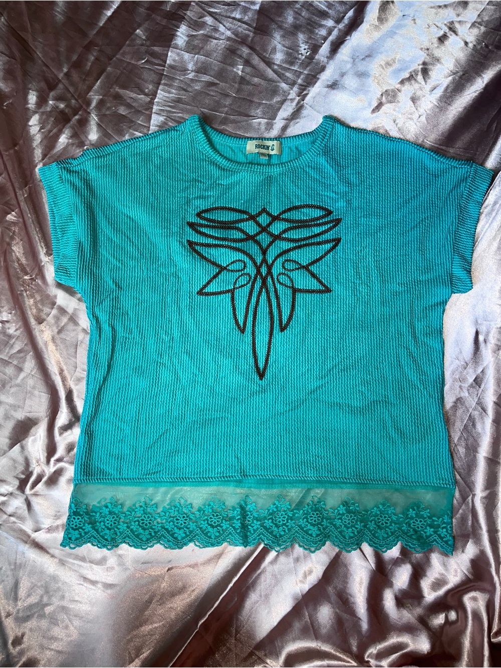 Rockin C Teal Short Sleeve Lace-Hem Graphic Tee